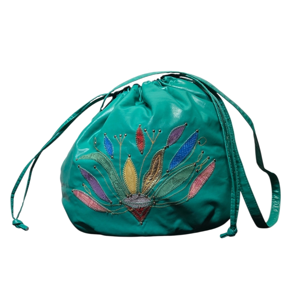 Embroidered Bucket Bag Y2K Boho Floral Shoulder Purse‎ Drawstring Faux Leather